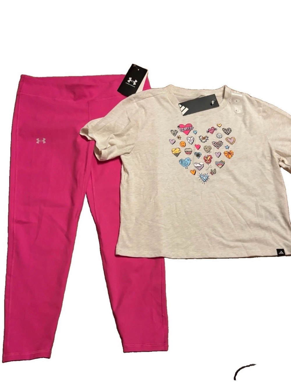 Under Armour Girls Leggings & Adidas Graphic Short Sleeve Boxy Tee - Large